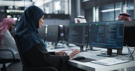 Fototapete - Middle Eastern Female Working in a Company of Arab Men in a Professional Technology Enterprise. Young Middle Eastern Specialist in a Hijab Writing Advanced Software Code on a Desktop Computer
