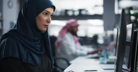 Poster - Portrait of a Middle Eastern Software Developer Working on Computer in a Technological Corporate Office. Young Muslim Woman Writing Code for an Innovative Internet and Software as a Service Project
