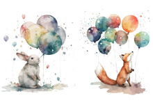 Fox And Rabbit With Balloons In Watercolor Style. Isolated . Generative AI
