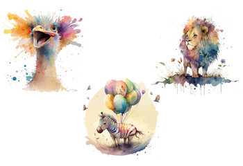 Poster - Zebra, ostrich and lion in watercolor style. Isolated. Generative AI