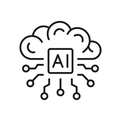 Poster - Artificial Intelligence Symbol on White Background. Human Brain with Circuit. Digital Technology Concept Black Line Icon. Tech Science Linear Pictogram. Editable Stroke. Isolated Vector Illustration