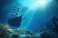 Underwater Landscape With Sunken Sail Ship. Ai. Shipwreck Underwater Of Deep Sea.