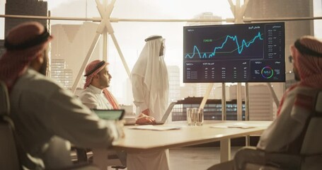 Aufkleber - Modern Middle Eastern Business Office Meeting: Confident Arab Businessman Uses Interactive Display, Makes Report to a Group of Corporate Partners, Shows Statistics, Growth and Financial Analytics