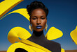© ADDICTIVE STOCK - Generative AI illustration portrait of black female fashion model in yellow futuristic clothes with colorful lipstick looking at camera against blue sky