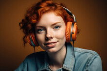 Portrait Of Young Redhead Woman With Curly Hair Looking At Camera And Listening To Music In Wireless Headphones Against Brown Background. Generative AI