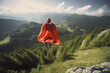 © ADDICTIVE STOCK - Generative AI illustration of distant person in wing suit flying over picturesque hills with green trees and valley under cloudy sky