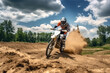 © ADDICTIVE STOCK - Generative AI illustration of male motorcyclist in protective helmet and uniform riding motorbike on sandy road against green forest under cloudy blue sky