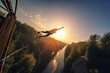 © ADDICTIVE STOCK - Generative AI illustration of distant person jumping with rope over green trees and river against bright sundown sky