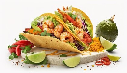 Wall Mural - Tacos filled with shrimp, guacamole, and veggies, typical of Mexican cuisine; served on a white plate. Generative AI
