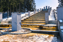 Test Launch Of Fountains In The Peterhof Palace And Park Complex. Snow And Fountains