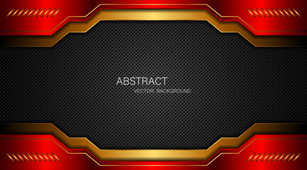 Poster - Abstract red and gold polygon with golden lines on dark steel mesh background with empty space for design. modern technology innovation concept background

