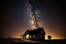 There Was A Milky Way Over The Silhouette Of A Farm Home. Theorem For Astrophotography. Abstract Idea Of Space Generative AI
