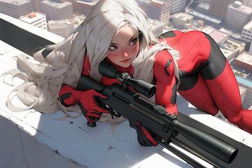 Wall Mural - female sniper squatting on top of a skyscraper,  in the style of realism anime. generative AI