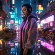 © Eugenio Marongiu - Generative ai woman wearing holographic clothes in cyberpunk neon city