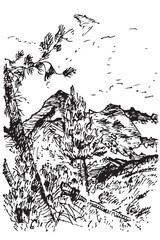  Hand drawn vector landscape with mountains, trees in the mountains. Perfect for banner, poster and sticker design.