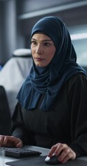 Fototapete - Vertical Screen: Middle Eastern Engineer Working on Computer in a Technological Corporate Office. Young Woman Writing Software Code for an Innovative Internet and Software as a Service Project