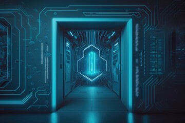 Poster - Futuristic corridor with glowing neon lights and circuit board