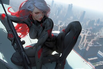 Wall Mural - female sniper squatting on top of a skyscraper, in the style of realism anime. generative AI