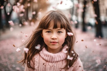 Happy adorable little girl wearing cute sweater standing under a blooming Sakura tree, pink petals scattered on the ground, joyful, natural beauty, generative AI