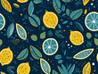 Luscious Lemons: Playful and Colorful Vector Wallpaper in Dark Blue Shades with Nature-Inspired Motifs