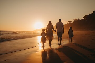 Back view of a happy family on sunset, parents and children, generative AI