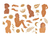 Vector Minimalistic Beige Set Of Female Bodies And Golden Mystical Elements. Female Abstract Concept Illustration, Beautiful Esoteric Female Silhouettes. 
