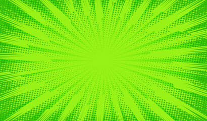Wall Mural - Comic background. Pop art texture. Starburst cartoon style. Anime design with explosion effect for print. Fun dot pattern. Green backdrop with halftone gradient. Funny line frame. Vector illustration