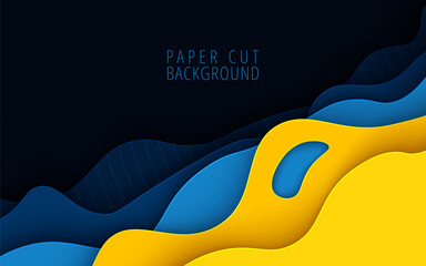 Wall Mural - Multi layers yellow navy wavy texture 3D papercut layers in gradient vector banner. Abstract paper cut art background design for website template. Topography map concept or smooth origami paper cut