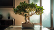 Small ficus bonsai tree in glass cache pot on table in modern interior in sunlight Japanese, East Asian, art generative AI