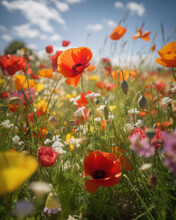 A Strong Breeze Blows Through A Brokendown Fighter Jet Rusttinged Petals Of Poppies And Daffodils Tered Around Abandoned Landscape. AI Generation.