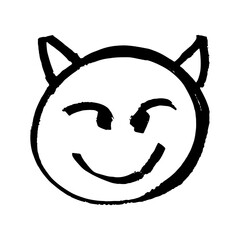 Wall Mural - Emoji Smiling Face with Horns, Devil. Hand-drawn with marker pen, Black isolated on white background, jagged strokes, draft, scribble. Vector illustration.
