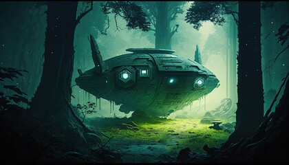 Wall Mural - The artwork depicts a science fiction environment with a lost spacecraft in the middle of a forest. Generative AI