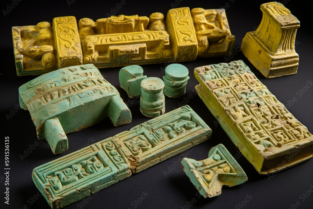 Wo Parts Of Ancient Relic Colored In Yellow And Green, Made Using ...