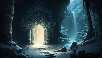 Wall Mural - Illustration of a cave dwelling in a Mayan jungle, carved out of snow and ice. Generative AI