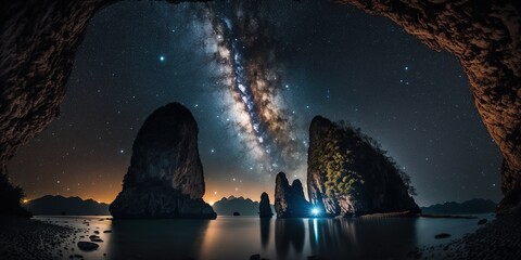 Sticker - The Milky Way captured in a long exposure shot taken in Phang Nga Province, Thailand. Generative AI