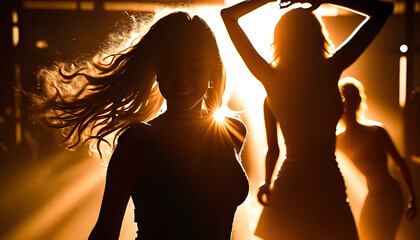 Crowd at festival, silhouette dancing party with sun light. Generation AI