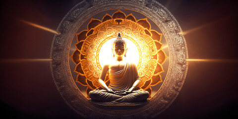 Wall Mural - buddha statue transcendental spiritual meditation with aura, banner yellow light. generation ai