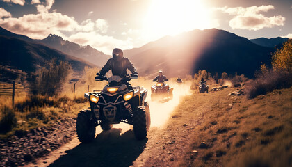 Wall Mural - Group people riding atv vehicle on offroad track in touristic tour, sun light. Generation AI