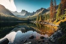 Beautiful Alpine Lake In High Tatra National Park. A Beautiful Place In Strbske Pleso Generative AI