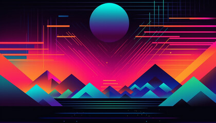 Fototapete - Simple minimalist retro color trendy background abstract colorful wallpaper and backdrop. Artistic digital art rendering, glimpse of panoramic mountain wave. Generative AI technology.