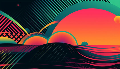 Fototapete - Simple minimalist retro color trendy background abstract colorful wallpaper and backdrop. Artistic digital art rendering, glimpse of panoramic mountain wave. Generative AI technology.