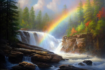  Rainbow In Which Each Color Blends Seamlessly Into The Next, As Though The Waterfall Is Canvas For Vibrant Painting. Generative AI