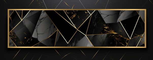  - Golden marble texture triangle shapes in a frame on a black texture background. Generative AI