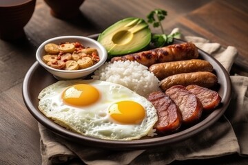 Bandeja Paisa On White Plate, Top View. Generative AI