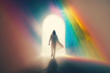 Wall Mural -  A Divine Moment - Jesus Walking under a Rainbow on a Bright Day Generative AI