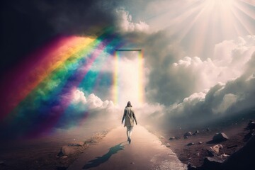 Wall Mural - A Spiritual Journey - Jesus Walking under a Rainbow on a Sunny Day Generative AI
