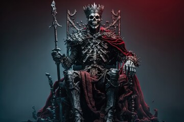 Poster - The Undead King - A Skeleton with a Crown, Iron Staff, and Red Cloak Seated on a Throne Generative AI