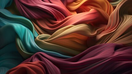 Leinwandbilder - Abstract background with colorful drapery of silk or satin textile with flowing folds. Elegant curve curtains material modern wallpaper. Horizontal illustration for banner design. Generative AI.