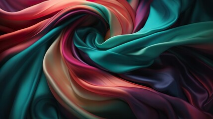 Abstract background with soft falling fabric texture with flowing folds. Colorful swirled silk textile with soft pleats modern wallpaper. Horizontal illustration for banner design. Generative AI.