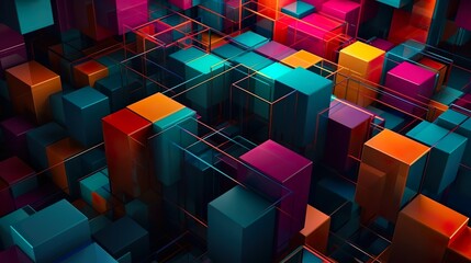 Poster - Abstract background with colorful geometric print of 3d cubes and lines in top view perspective. Geometry wallpaper with dynamic effect. Horizontal illustration for banner design. Generative AI.
